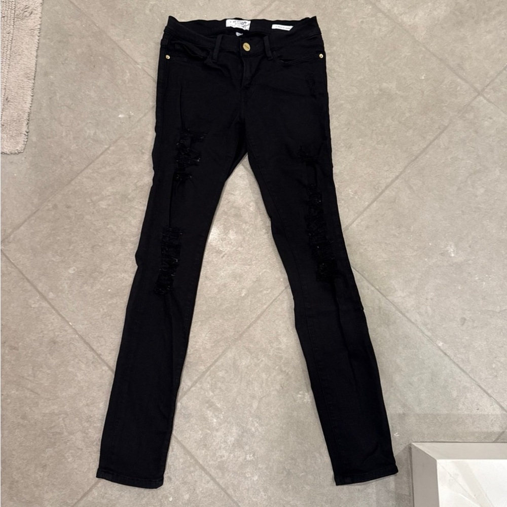 Frame Le Skinny De Jeanne Denim Black Skinny Distressed Jeans 26